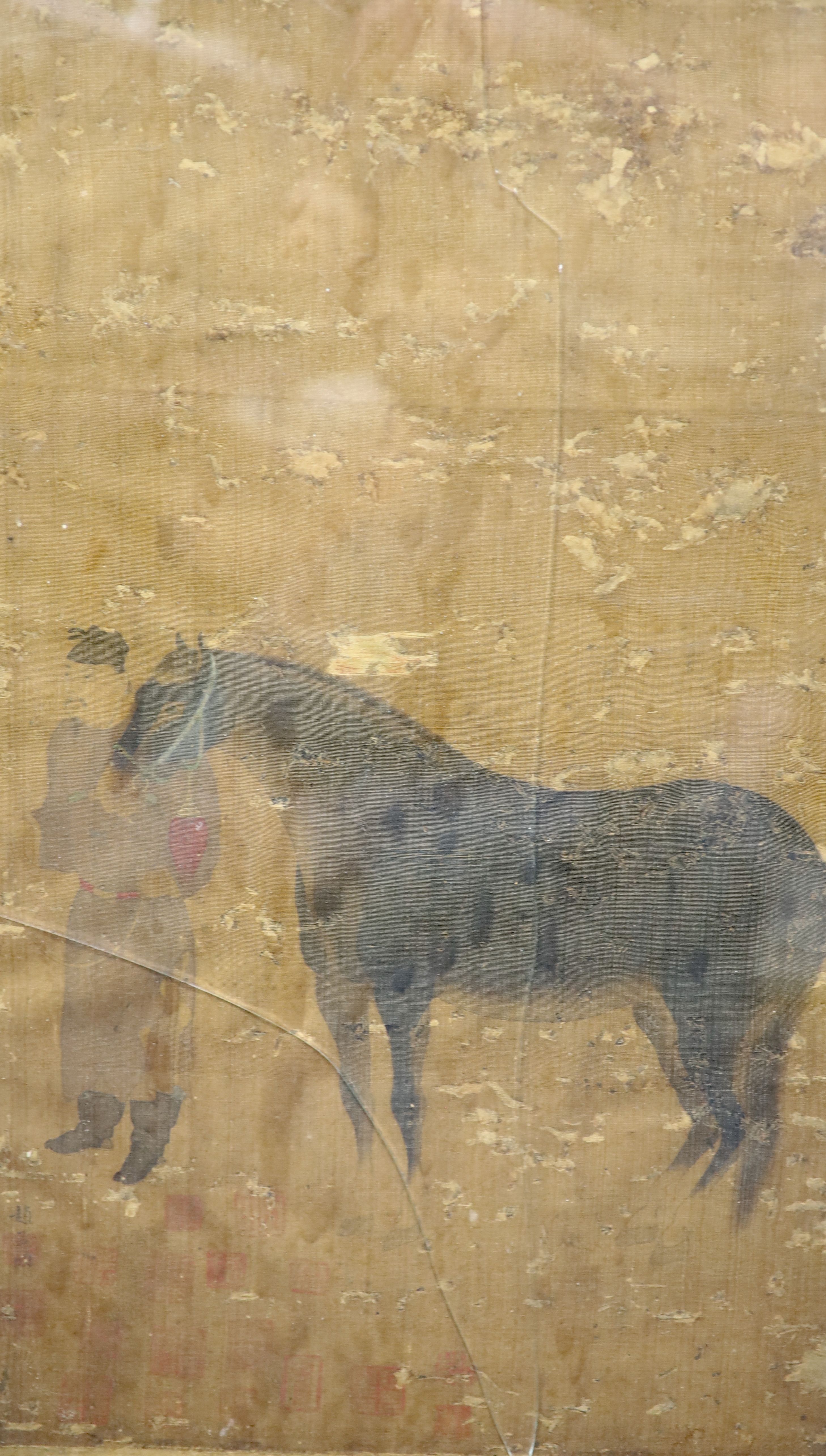 After Zhou Mengfu, painting on silk of a horse and groom, probably Ming or early Qing dynasty, 54 x 32cm, many holes to silk, Provenanc